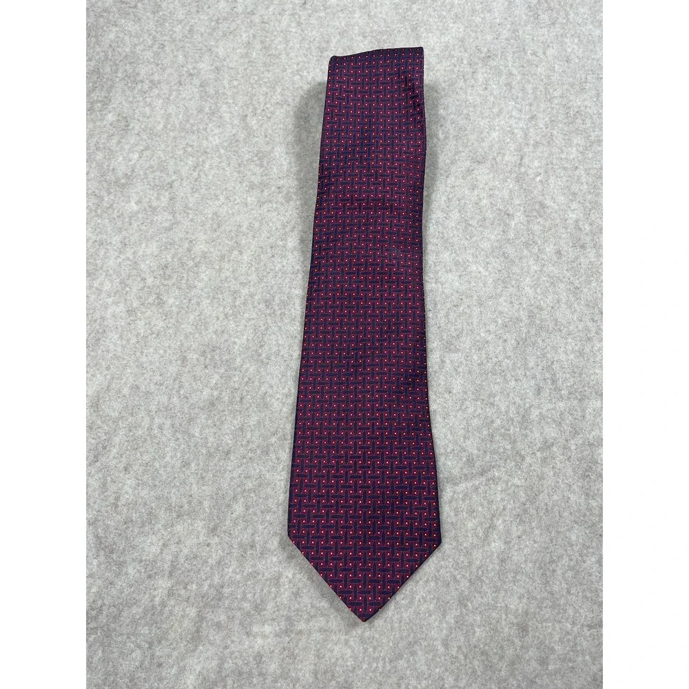 Tom James Red Blue Geometric Squares Woven Silk Necktie Neck Tie Texture USA